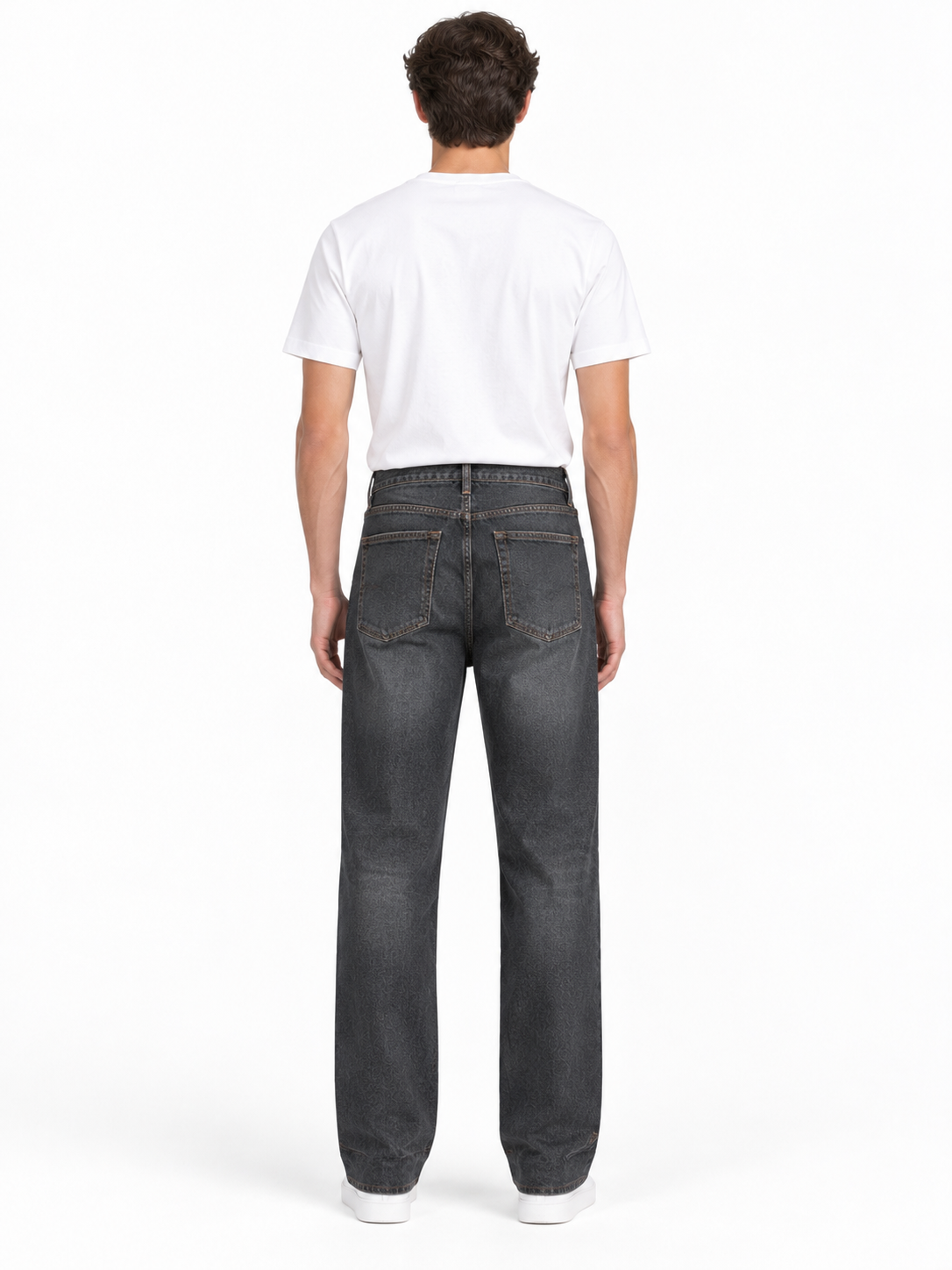 back view white tee and dark jeans back view white tee and dark jeans
